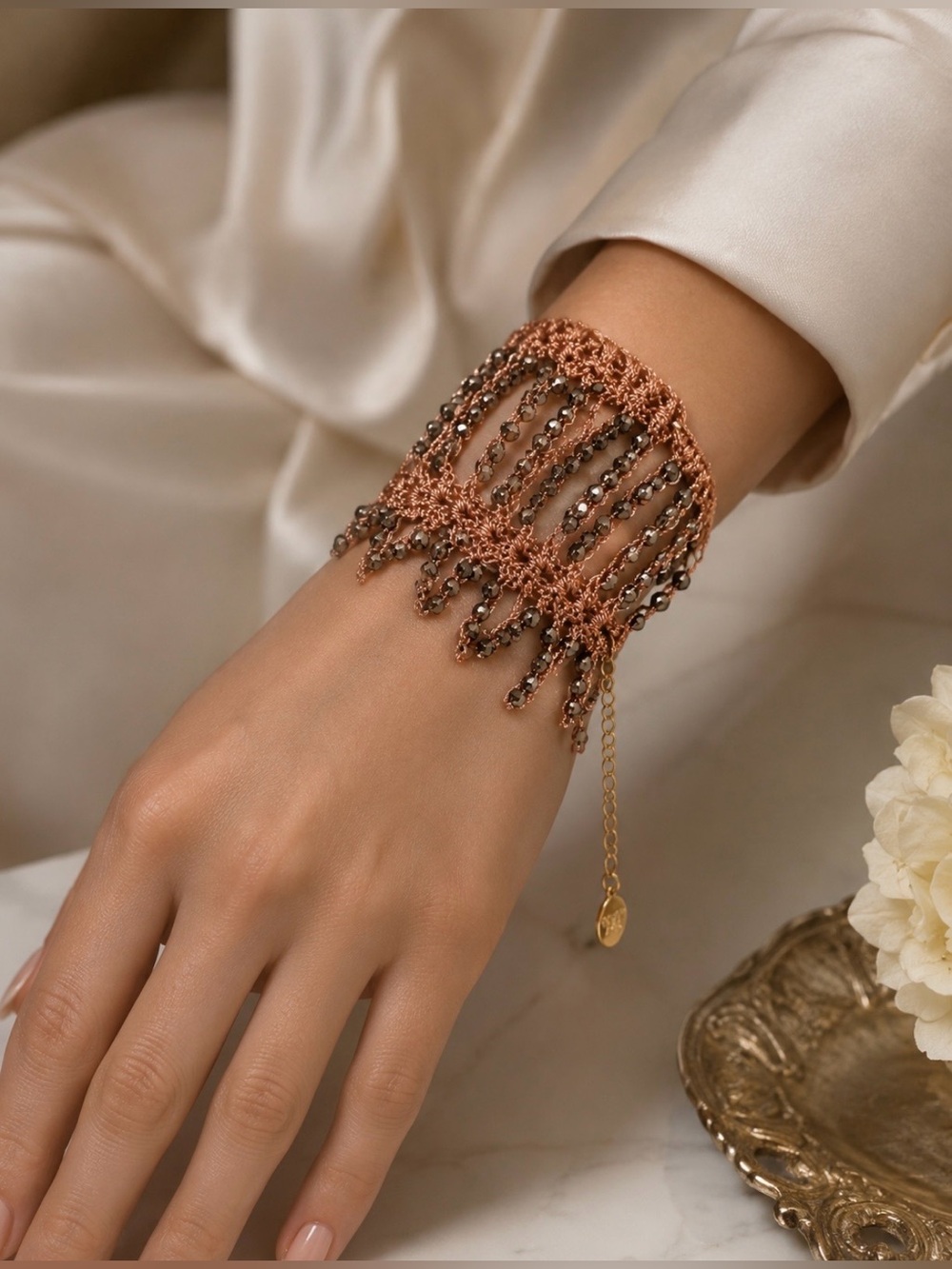 Free People Peach Beaded Fringe Crochet Bracelet NWT
